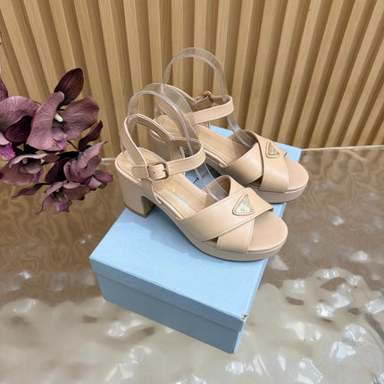 PRADA 26S BLOCK HEEL SANDALS 75 MM IN BEIGE CALFSKIN 