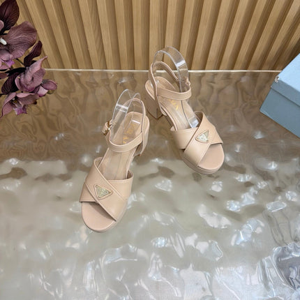PRADA 26S BLOCK HEEL SANDALS 75 MM IN BEIGE CALFSKIN 