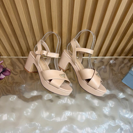 PRADA 26S BLOCK HEEL SANDALS 75 MM IN BEIGE CALFSKIN 