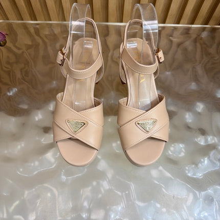PRADA 26S BLOCK HEEL SANDALS 75 MM IN BEIGE CALFSKIN 