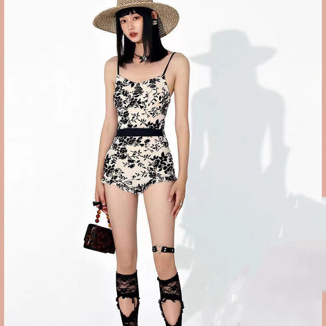 CC BIKINI SWIMSUIT SET IN IVORY WITH BLACK VELVET FLORAL EMBROIDERY 581303