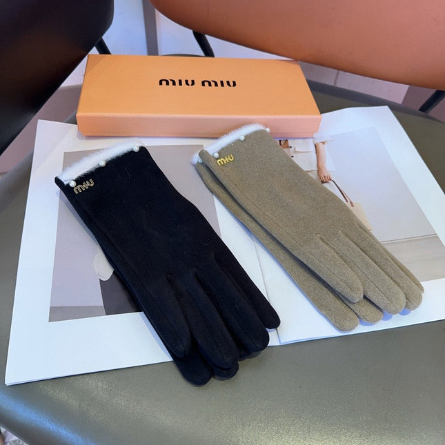 GLOVES IN KHAKI BEIGE WOOL MIX RABBIT FUR 458604