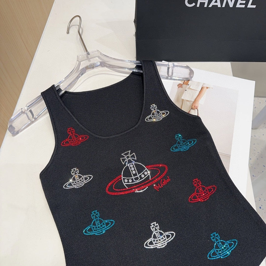 TANK TOP 639168 IN BLACK COTTON RIBBED KNIT EMBOSSED CRYSTAL