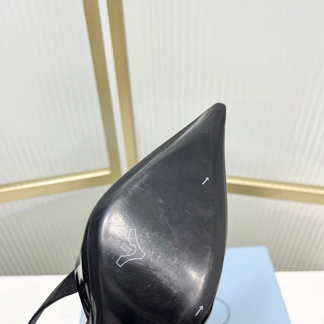 PRADA 26S SLINGBACK HIGH HEEL SANDALS 75MM IN BLACK CALFSKIN WITH LOGO