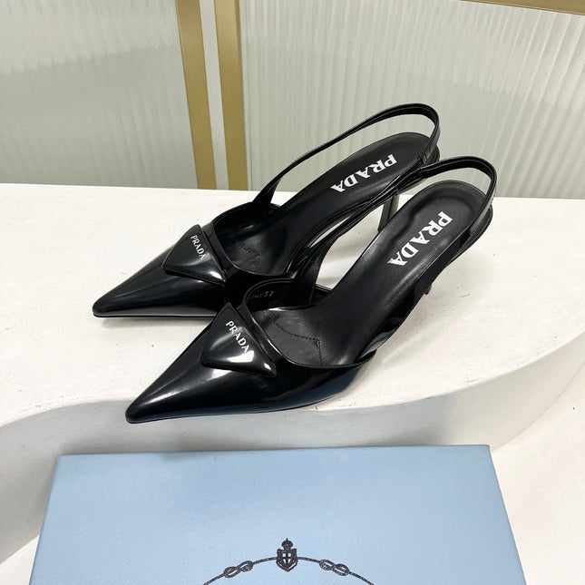 PRADA 26S SLINGBACK HIGH HEEL SANDALS 75MM IN BLACK CALFSKIN WITH LOGO