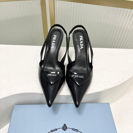 PRADA 26S SLINGBACK HIGH HEEL SANDALS 75MM IN BLACK CALFSKIN WITH LOGO