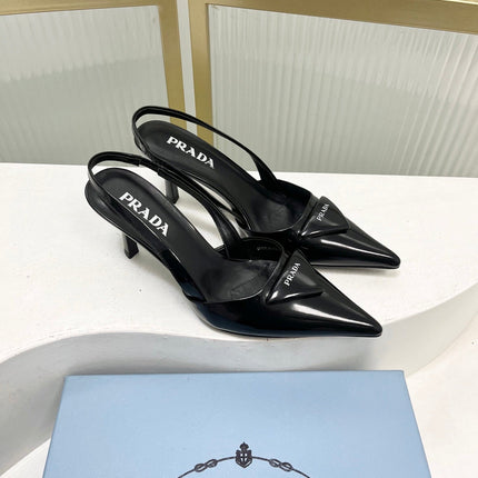 PRADA 26S SLINGBACK HIGH HEEL SANDALS 75MM IN BLACK CALFSKIN WITH LOGO