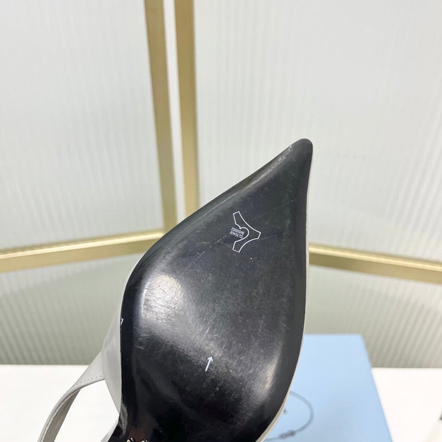 PRADA 26S SLINGBACK HIGH HEEL SANDALS 75MM IN LIGHT GRAY CALFSKIN WITH LOGO