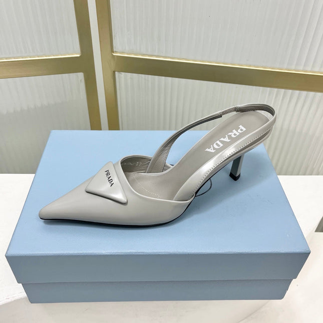 PRADA 26S SLINGBACK HIGH HEEL SANDALS 75MM IN LIGHT GRAY CALFSKIN WITH LOGO