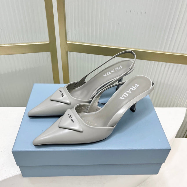 PRADA 26S SLINGBACK HIGH HEEL SANDALS 75MM IN LIGHT GRAY CALFSKIN WITH LOGO
