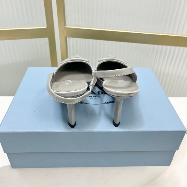 PRADA 26S SLINGBACK HIGH HEEL SANDALS 75MM IN LIGHT GRAY CALFSKIN WITH LOGO