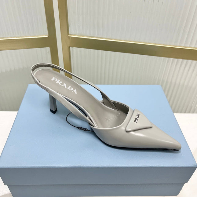 PRADA 26S SLINGBACK HIGH HEEL SANDALS 75MM IN LIGHT GRAY CALFSKIN WITH LOGO