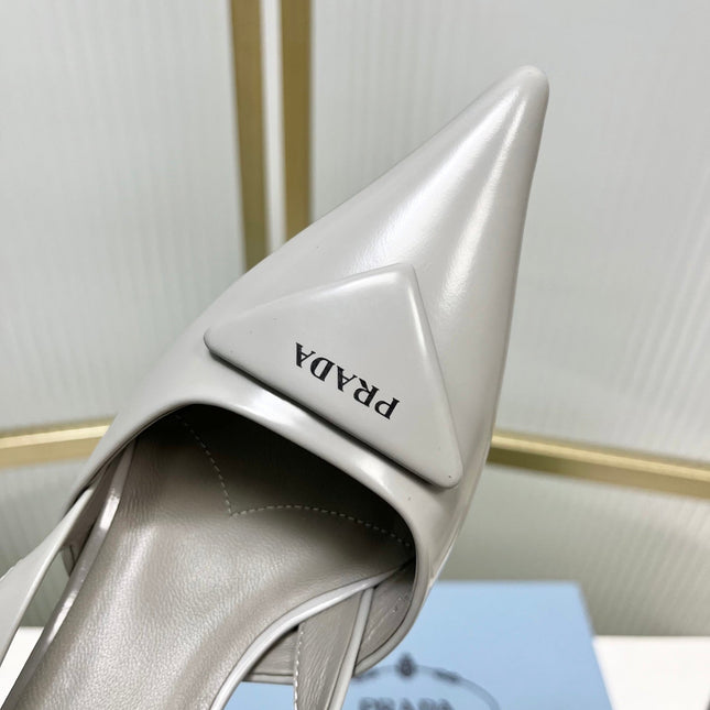 PRADA 26S SLINGBACK HIGH HEEL SANDALS 75MM IN LIGHT GRAY CALFSKIN WITH LOGO