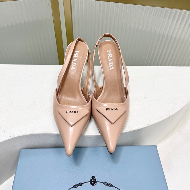 PRADA 26S SLINGBACK HIGH HEEL SANDALS 75MM IN NUDE CALFSKIN WITH LOGO