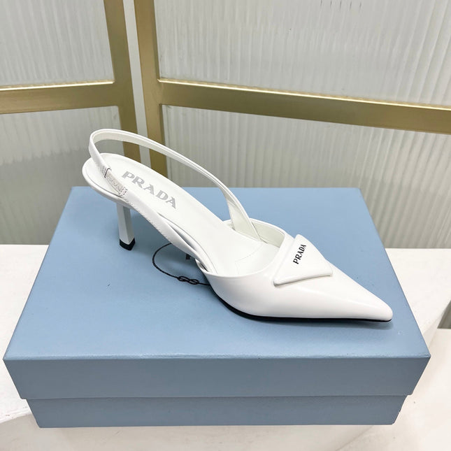 PRADA 26S SLINGBACK HIGH HEEL SANDALS 75MM IN WHITE CALFSKIN WITH LOGO