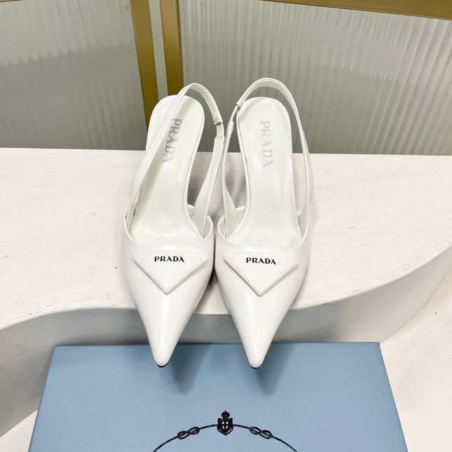 PRADA 26S SLINGBACK HIGH HEEL SANDALS 75MM IN WHITE CALFSKIN WITH LOGO