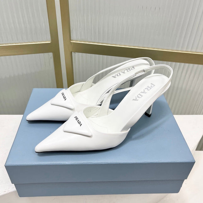 PRADA 26S SLINGBACK HIGH HEEL SANDALS 75MM IN WHITE CALFSKIN WITH LOGO