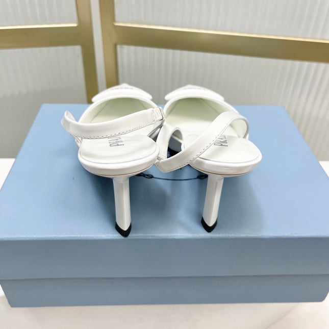PRADA 26S SLINGBACK HIGH HEEL SANDALS 75MM IN WHITE CALFSKIN WITH LOGO