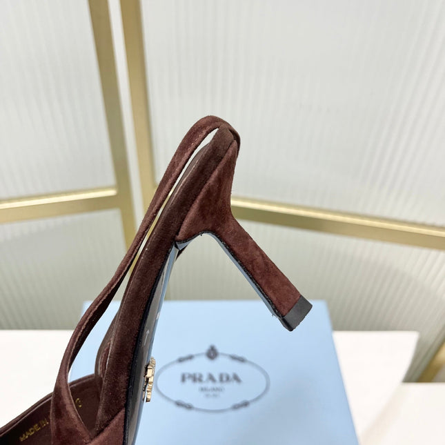 PRADA 26S SLINGBACK HIGH HEEL SANDALS 75MM IN DARK BROWN SUEDE WITH LOGO