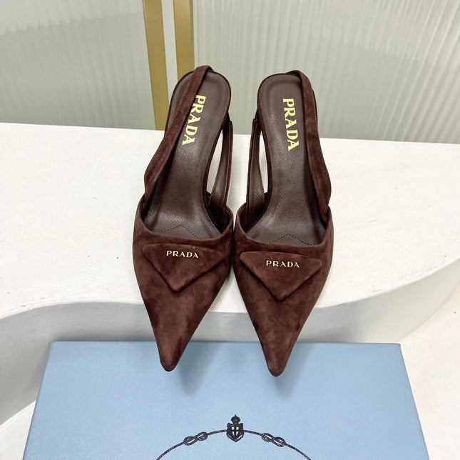 PRADA 26S SLINGBACK HIGH HEEL SANDALS 75MM IN DARK BROWN SUEDE WITH LOGO