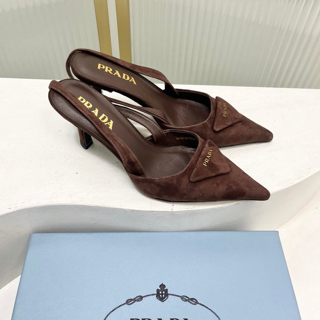 PRADA 26S SLINGBACK HIGH HEEL SANDALS 75MM IN DARK BROWN SUEDE WITH LOGO