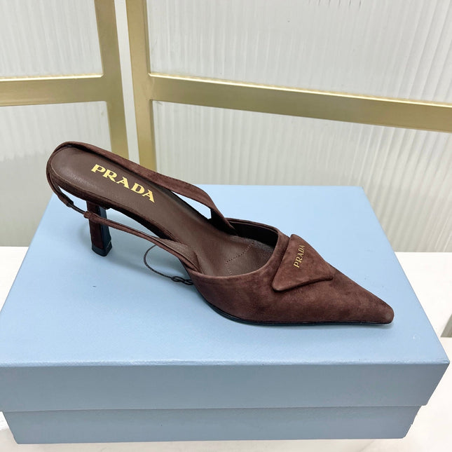 PRADA 26S SLINGBACK HIGH HEEL SANDALS 75MM IN DARK BROWN SUEDE WITH LOGO