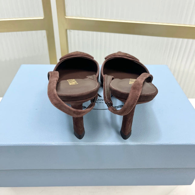 PRADA 26S SLINGBACK HIGH HEEL SANDALS 75MM IN DARK BROWN SUEDE WITH LOGO