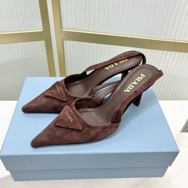 PRADA 26S SLINGBACK HIGH HEEL SANDALS 75MM IN DARK BROWN SUEDE WITH LOGO