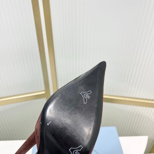 PRADA 26S SLINGBACK HIGH HEEL SANDALS 75MM IN DARK BROWN SUEDE WITH LOGO