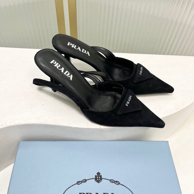 PRADA 26S SLINGBACK HIGH HEEL SANDALS 75MM IN BLACK SUEDE WITH LOGO