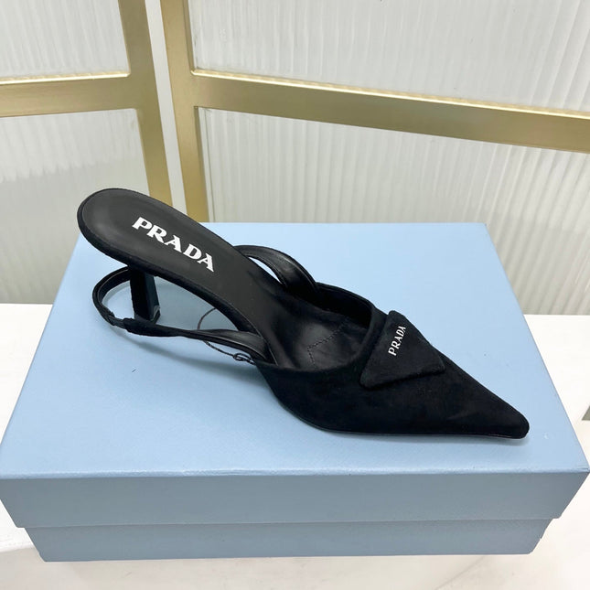PRADA 26S SLINGBACK HIGH HEEL SANDALS 75MM IN BLACK SUEDE WITH LOGO