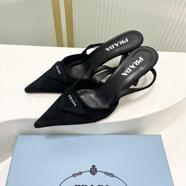 PRADA 26S SLINGBACK HIGH HEEL SANDALS 75MM IN BLACK SUEDE WITH LOGO