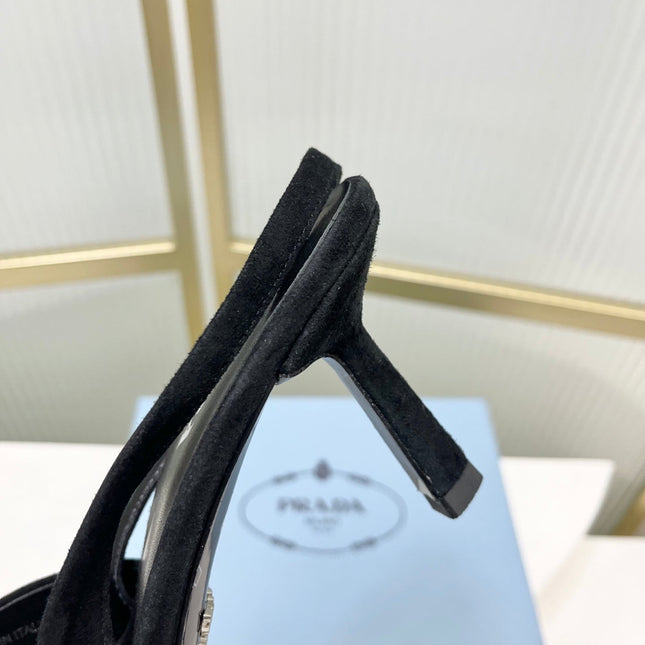 PRADA 26S SLINGBACK HIGH HEEL SANDALS 75MM IN BLACK SUEDE WITH LOGO