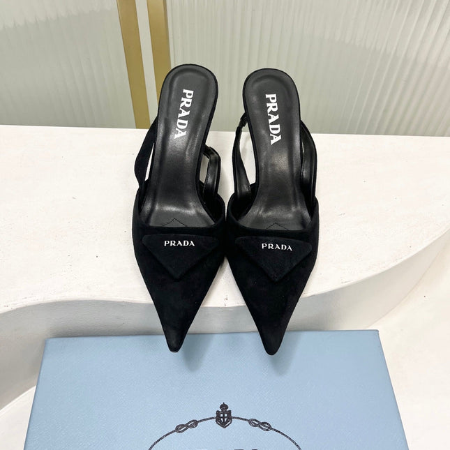 PRADA 26S SLINGBACK HIGH HEEL SANDALS 75MM IN BLACK SUEDE WITH LOGO
