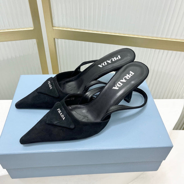 PRADA 26S SLINGBACK HIGH HEEL SANDALS 75MM IN BLACK SUEDE WITH LOGO