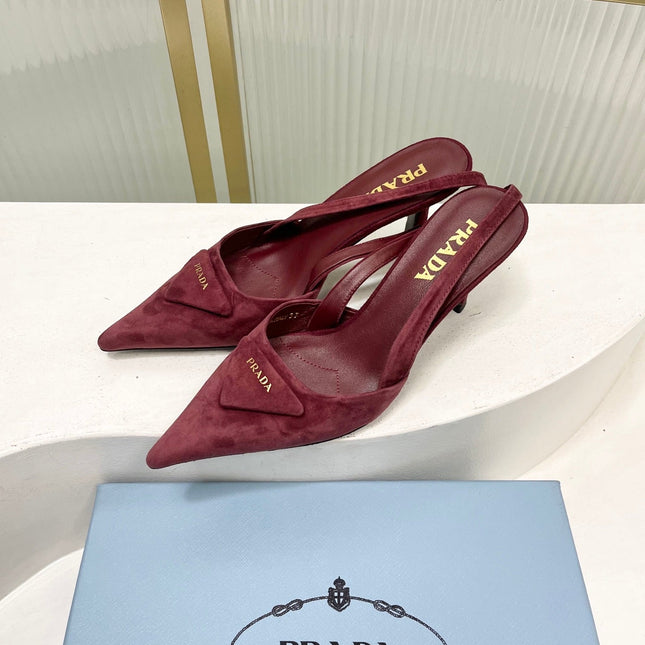 PRADA 26S SLINGBACK HIGH HEEL SANDALS 75MM IN DARK RED SUEDE WITH LOGO