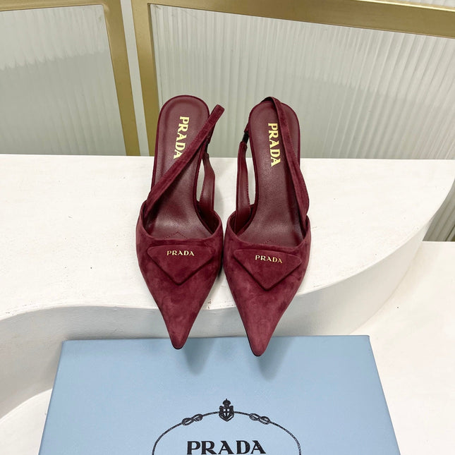 PRADA 26S SLINGBACK HIGH HEEL SANDALS 75MM IN DARK RED SUEDE WITH LOGO