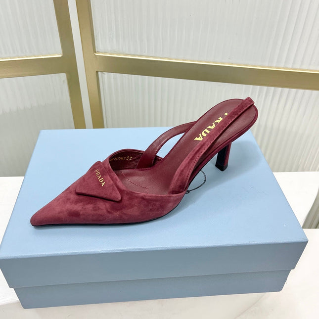 PRADA 26S SLINGBACK HIGH HEEL SANDALS 75MM IN DARK RED SUEDE WITH LOGO