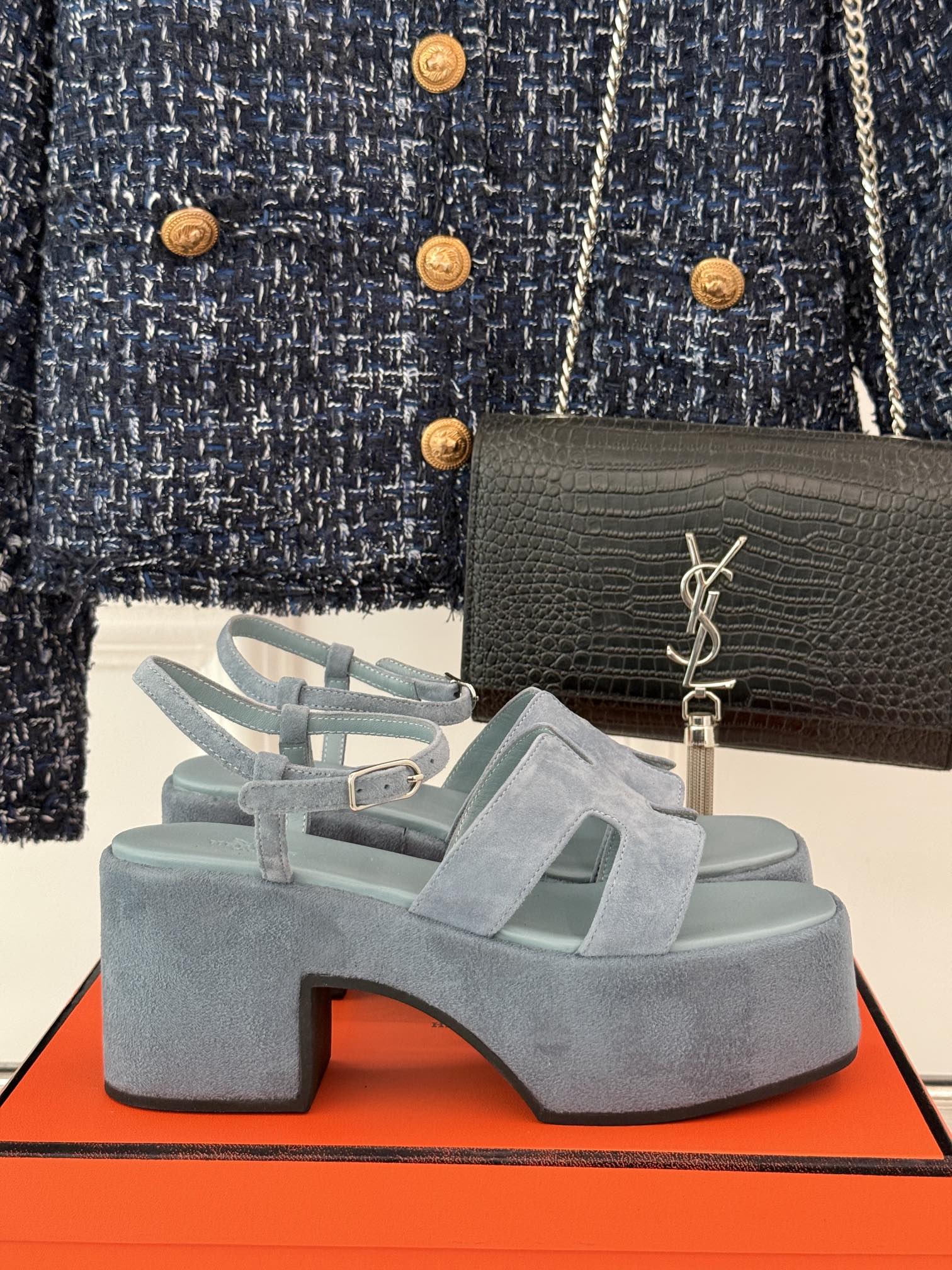 HM 25S JAM 30 HIGH-HEEL SANDAL IN STEEL BLUE GRAY SUEDE