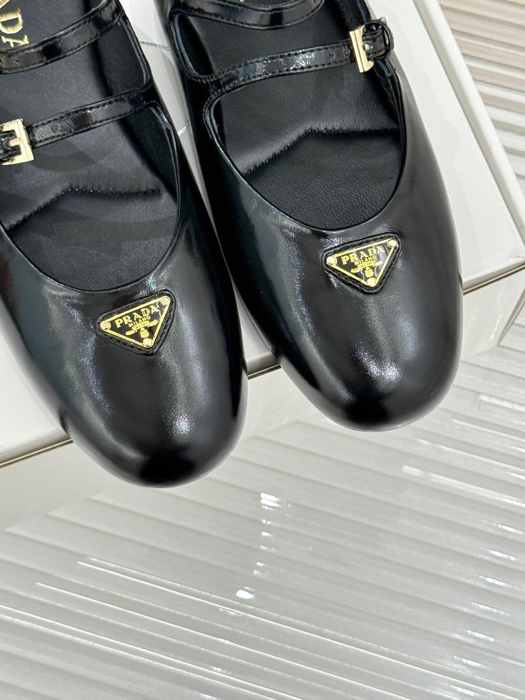 PRADA 25S DUAL MARY JANE BALLERINA MULES IN BLACK CALFSKIN