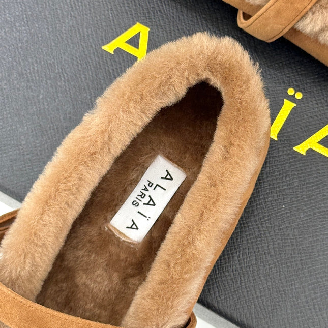 SHEARLING BALLET FLATS IN TAN BROWN SUEDE