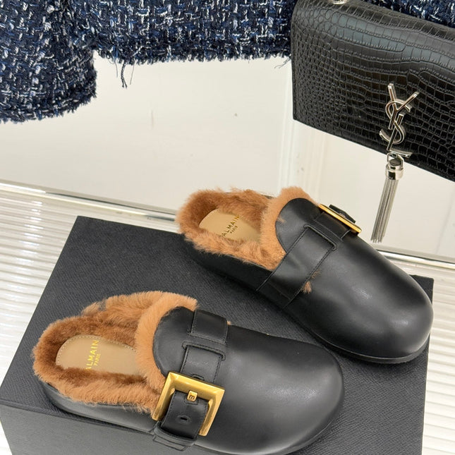 BALMAIN 26S ANTHEM MULES IN BLACK CALFSKIN