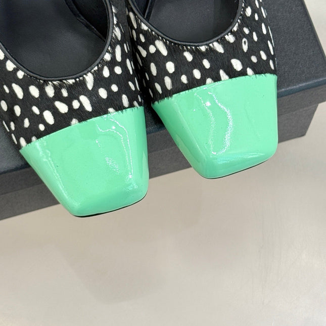 CHANEL POLKA DOT PATTERN MULES IN BLACK MIX GREEN FUR