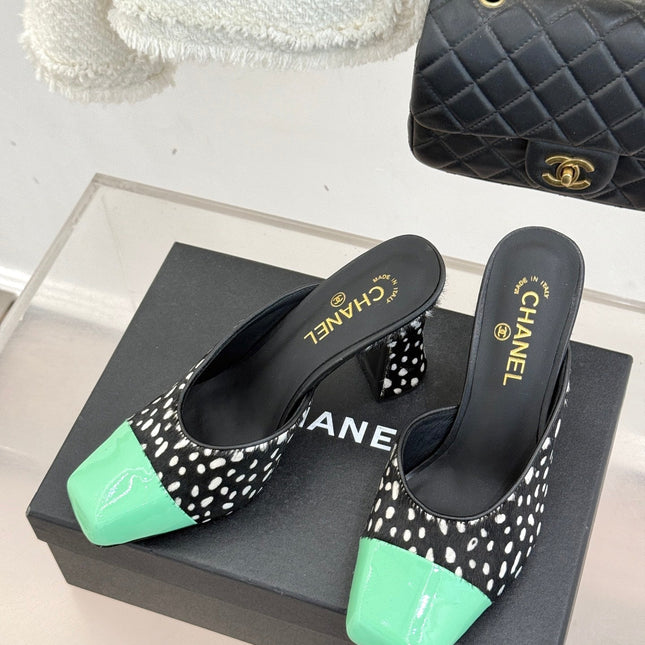 CHANEL POLKA DOT PATTERN MULES IN BLACK MIX GREEN FUR