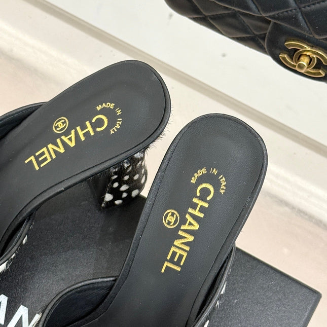 CHANEL POLKA DOT PATTERN MULES IN BLACK MIX GREEN FUR