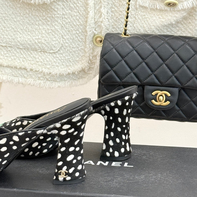 CHANEL POLKA DOT PATTERN MULES IN BLACK MIX GREEN FUR