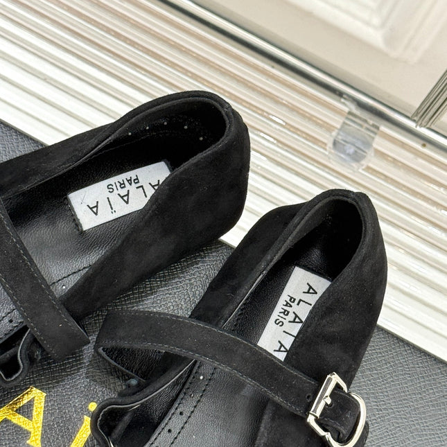 ALAIA 26S MARY JANE FLATS IN BLACK SUEDE WITH BOW