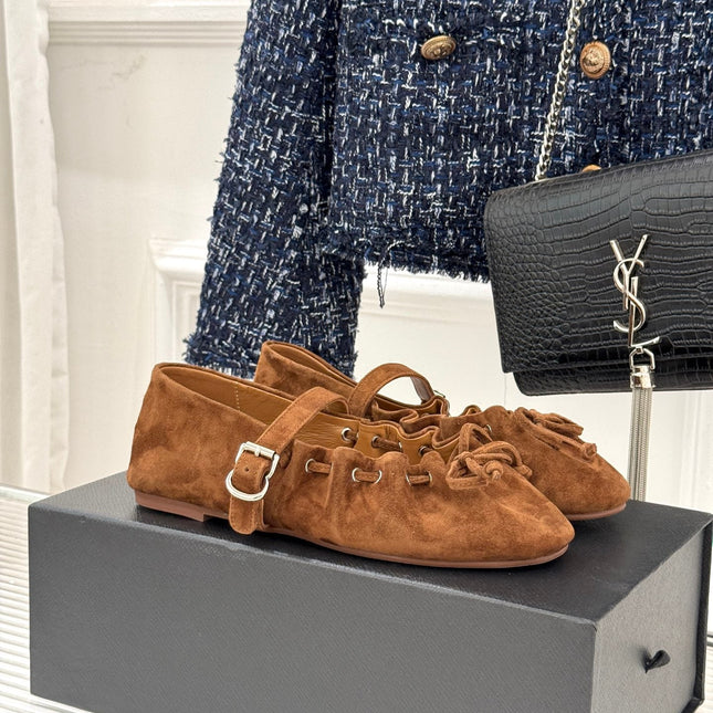 ALAIA 26S MARY JANE FLATS IN BROWN SUEDE WITH BOW