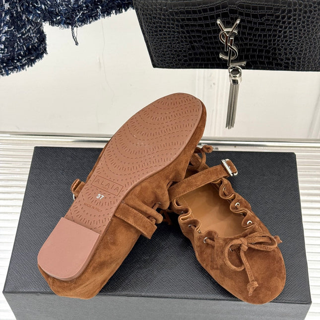 ALAIA 26S MARY JANE FLATS IN BROWN SUEDE WITH BOW