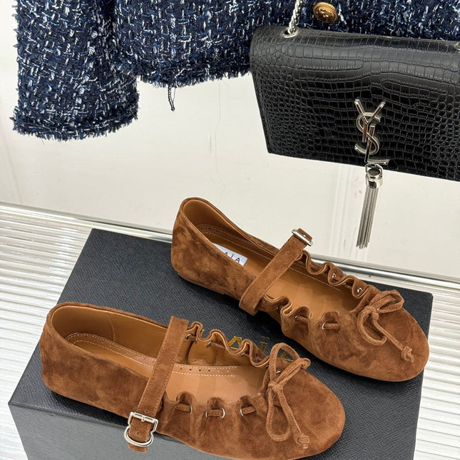 ALAIA 26S MARY JANE FLATS IN BROWN SUEDE WITH BOW